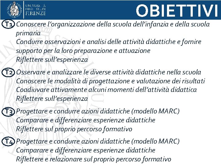 OBIETTIVI T 1 Conoscere l’organizzazione della scuola dell’infanzia e della scuola primaria Condurre osservazioni