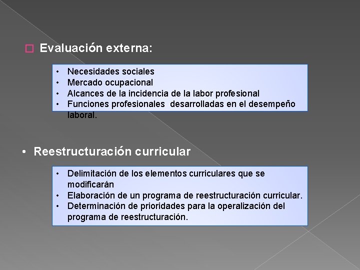 � Evaluación externa: • • Necesidades sociales Mercado ocupacional Alcances de la incidencia de