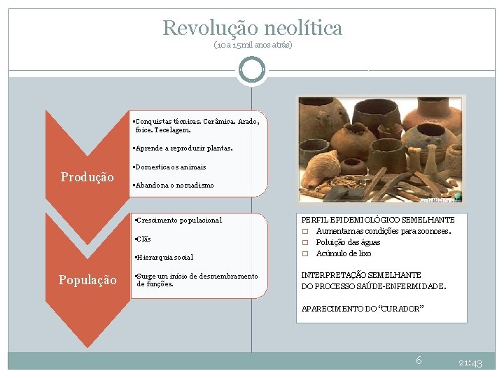 Revolução neolítica (10 a 15 mil anos atrás) • Conquistas técnicas. Cerâmica. Arado, foice. Revolução neolítica (10 a 15 mil anos atrás) • Conquistas técnicas. Cerâmica. Arado, foice.