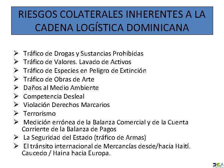 RIESGOS COLATERALES INHERENTES A LA CADENA LOGÍSTICA DOMINICANA Tráfico de Drogas y Sustancias Prohibidas