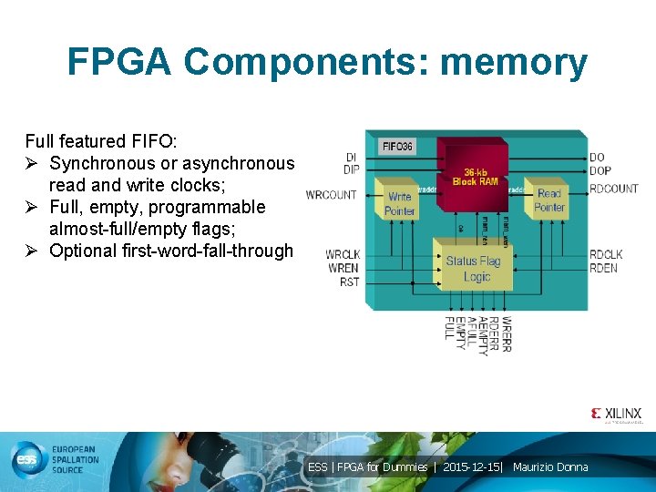 FPGA Components: memory Full featured FIFO: Ø Synchronous or asynchronous read and write clocks;