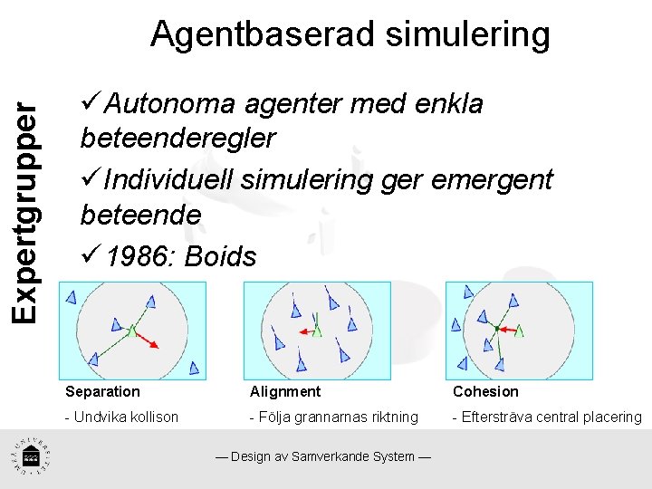Expertgrupper Agentbaserad simulering üAutonoma agenter med enkla beteenderegler üIndividuell simulering ger emergent beteende ü