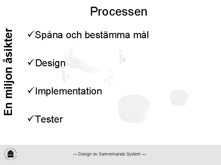 En miljon åsikter Processen üSpåna och bestämma mål üDesign üImplementation üTester — Design av