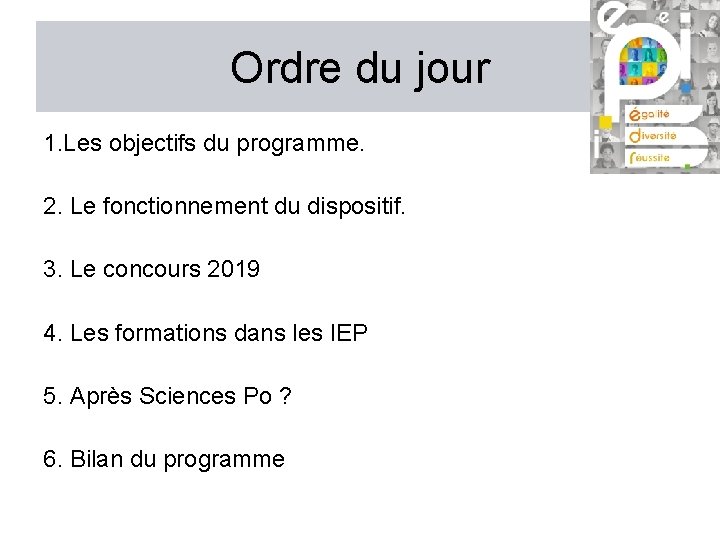 Ordre du jour 1. Les objectifs du programme. 2. Le fonctionnement du dispositif. 3. Ordre du jour 1. Les objectifs du programme. 2. Le fonctionnement du dispositif. 3.