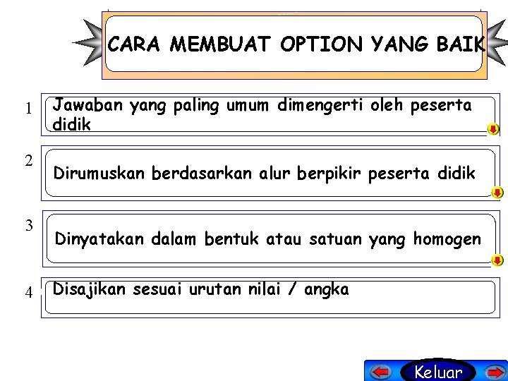 CARA MEMBUAT OPTION YANG BAIK 1 2 3 4 Jawaban yang paling umum dimengerti