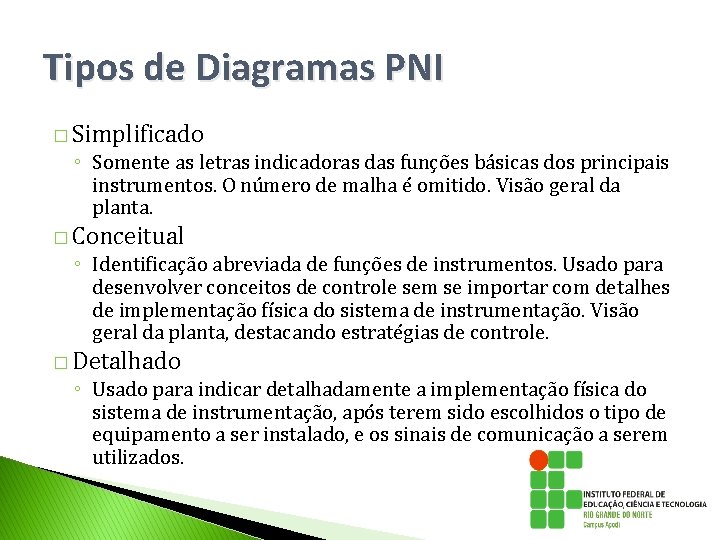 Tipos de Diagramas PNI � Simplificado ◦ Somente as letras indicadoras das funções básicas Tipos de Diagramas PNI � Simplificado ◦ Somente as letras indicadoras das funções básicas