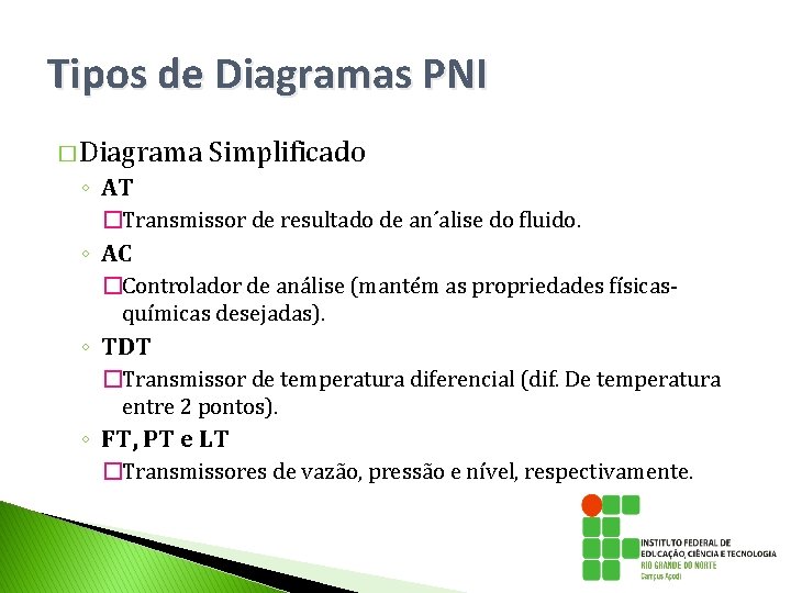 Tipos de Diagramas PNI � Diagrama Simplificado ◦ AT �Transmissor de resultado de an´alise Tipos de Diagramas PNI � Diagrama Simplificado ◦ AT �Transmissor de resultado de an´alise