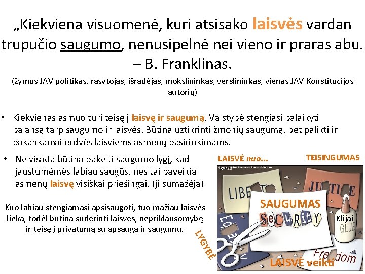 „Kiekviena visuomenė, kuri atsisako laisvės vardan trupučio saugumo, nenusipelnė nei vieno ir praras abu.