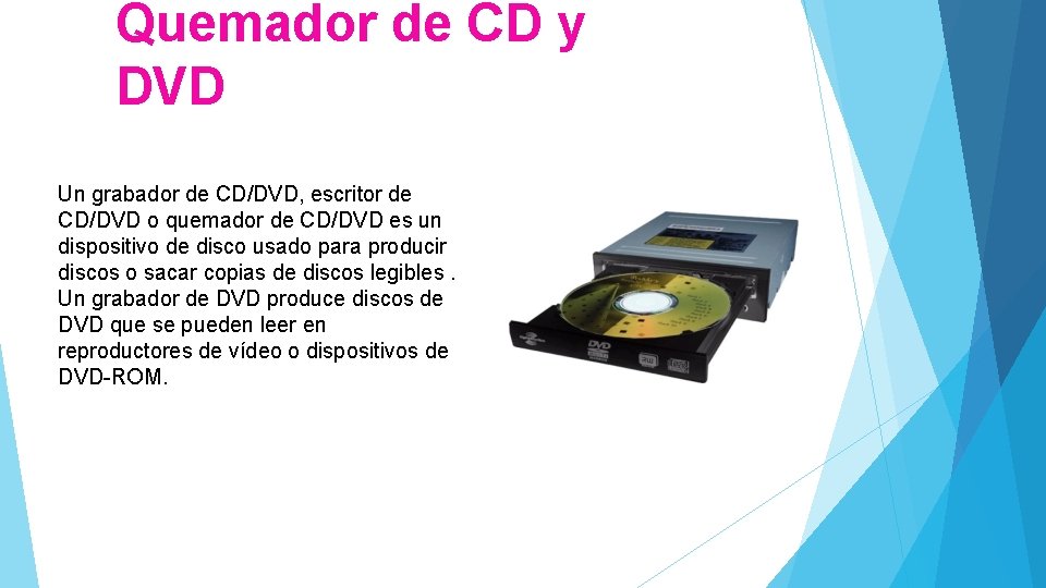 Quemador de CD y DVD Un grabador de CD/DVD, escritor de CD/DVD o quemador