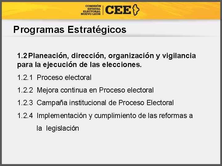 Programas Estratégicos 1. 2 Planeación, dirección, organización y vigilancia para la ejecución de las