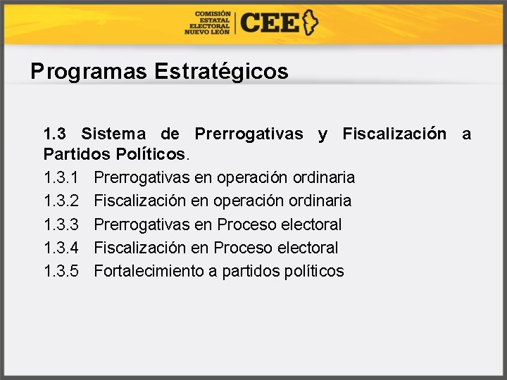 Programas Estratégicos 1. 3 Sistema de Prerrogativas y Fiscalización a Partidos Políticos. 1. 3.