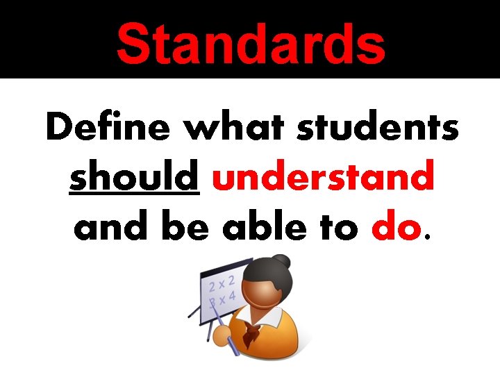 Standards Define what students should understand be able to do. 