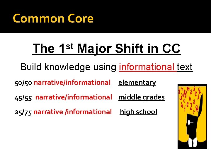 Common Core The 1 st Major Shift in CC Build knowledge using informational text
