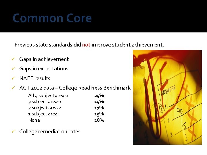 Common Core Previous state standards did not improve student achievement. ü Gaps in achievement