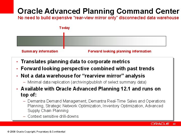 Oracle Advanced Planning Command Center No need to build expensive “rear-view mirror only” disconnected