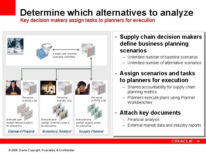 Determine which alternatives to analyze Key decision makers assign tasks to planners for execution