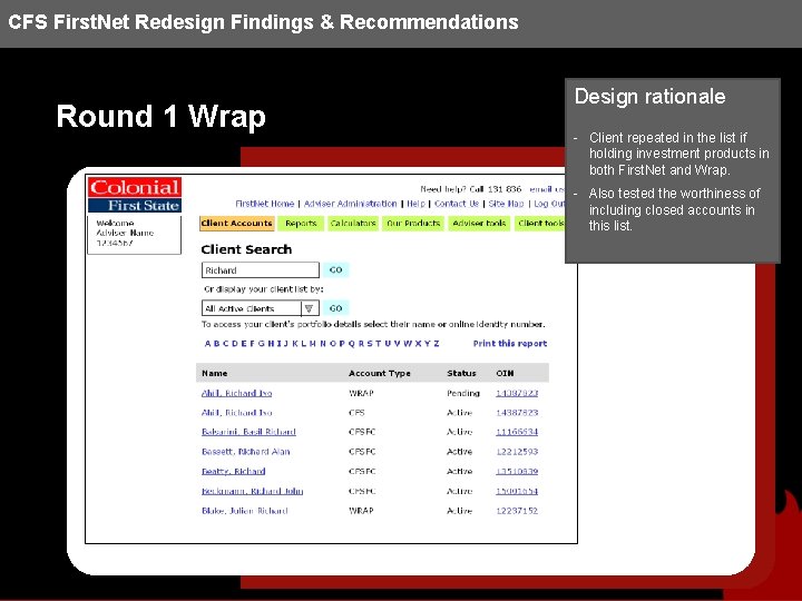 CFS First. Net Redesign Findings & Recommendations Round 1 Wrap Design rationale - Client