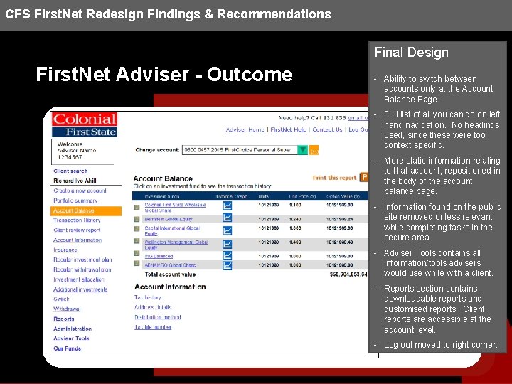 CFS First. Net Redesign Findings & Recommendations Final Design First. Net Adviser - Outcome