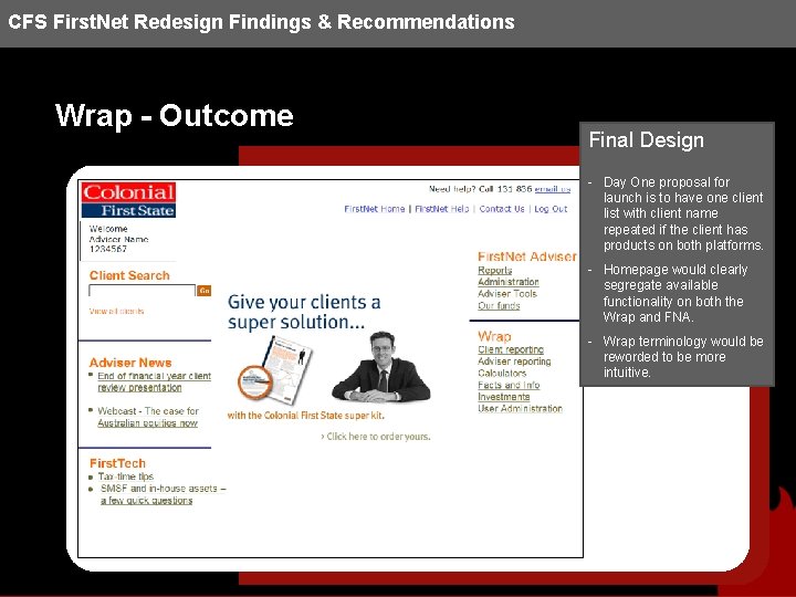 CFS First. Net Redesign Findings & Recommendations Wrap - Outcome Final Design - Day