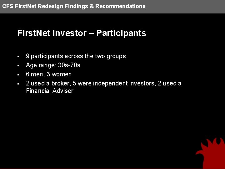 CFS First. Net Redesign Findings & Recommendations First. Net Investor – Participants § §