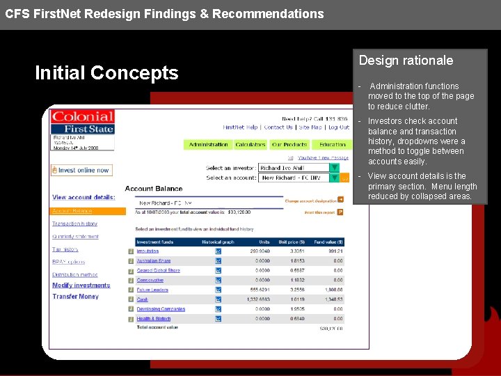 CFS First. Net Redesign Findings & Recommendations Initial Concepts Design rationale - Administration functions