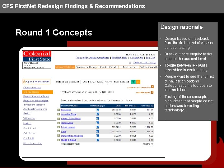 CFS First. Net Redesign Findings & Recommendations Round 1 Concepts Design rationale - Design