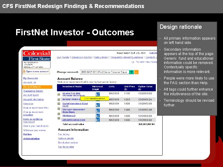 CFS First. Net Redesign Findings & Recommendations First. Net Investor - Outcomes Design rationale