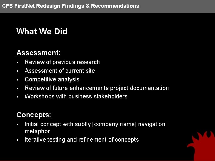 CFS First. Net Redesign Findings & Recommendations What We Did Assessment: § § §