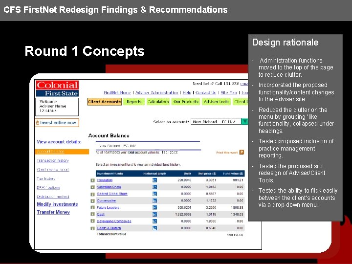 CFS First. Net Redesign Findings & Recommendations Round 1 Concepts Design rationale - Administration