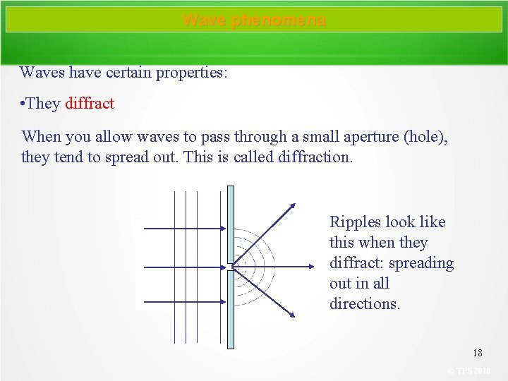 Wave phenomena Waves have certain properties: • They diffract When you allow waves to