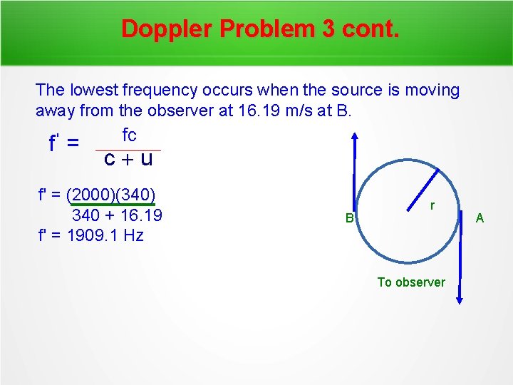 Doppler Problem 3 cont. The lowest frequency occurs when the source is moving away