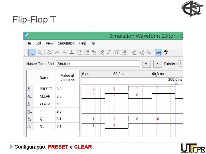 Flip-Flop T Configuração: PRESET e CLEAR 0 0 1 1 1 0 0 1