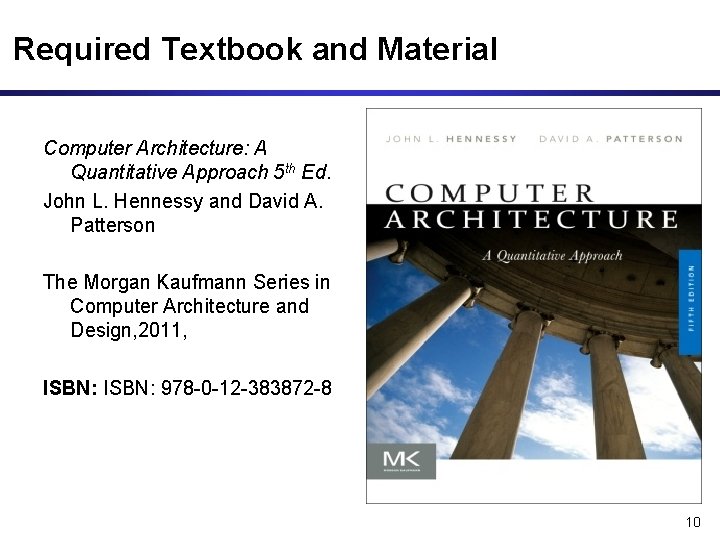 Required Textbook and Material Computer Architecture: A Quantitative Approach 5 th Ed. John L.