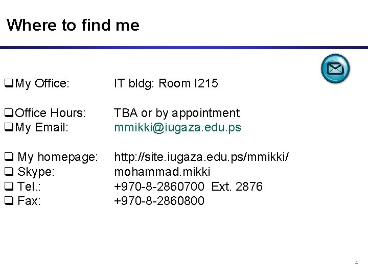 Where to find me q. My Office: IT bldg: Room I 215 q. Office