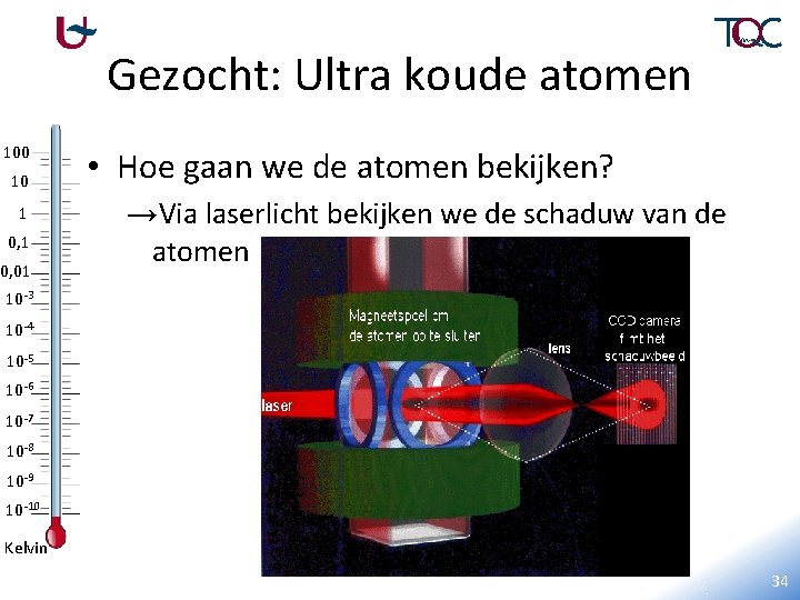 Gezocht: Ultra koude atomen 100 10 1 0, 01 • Hoe gaan we de