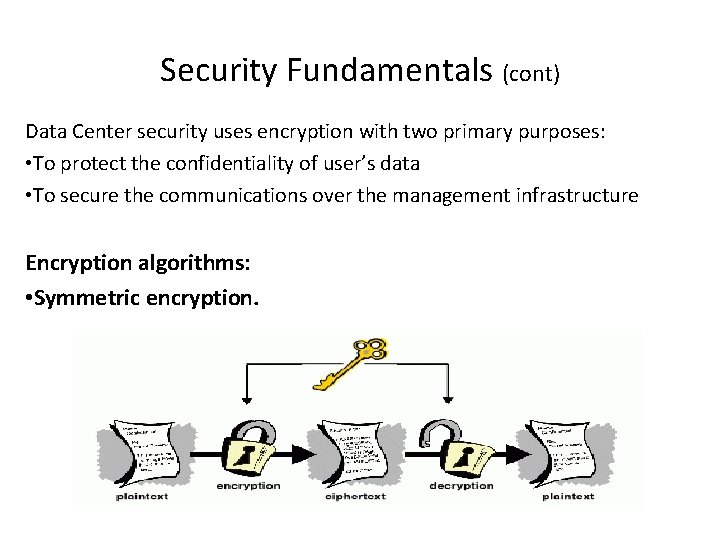 Security Fundamentals (cont) Data Center security uses encryption with two primary purposes: • To