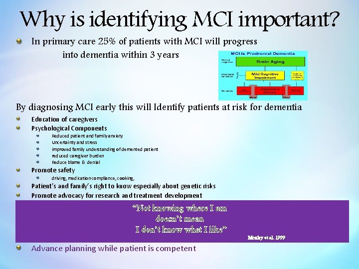 Why is identifying MCI important? In primary care 25% of patients with MCI will