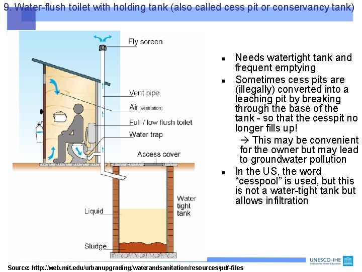 9. Water-flush toilet with holding tank (also called cess pit or conservancy tank) n 9. Water-flush toilet with holding tank (also called cess pit or conservancy tank) n