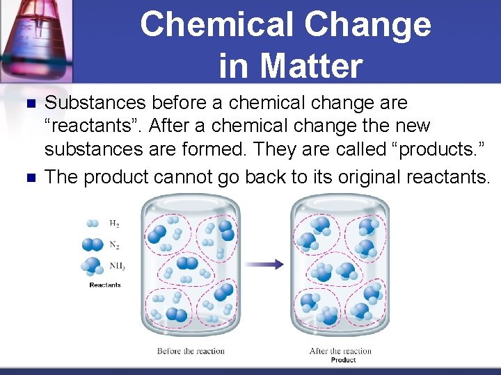 Chemical Change in Matter n n Substances before a chemical change are “reactants”. After