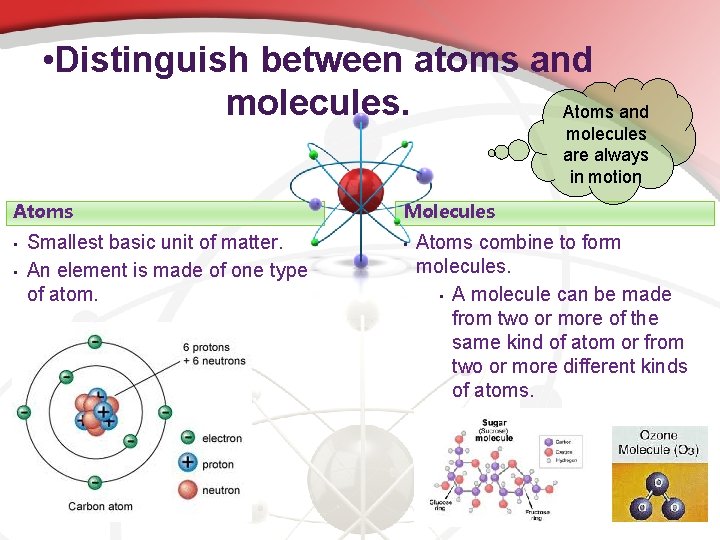  • Distinguish between atoms and molecules. Atoms and molecules are always in motion