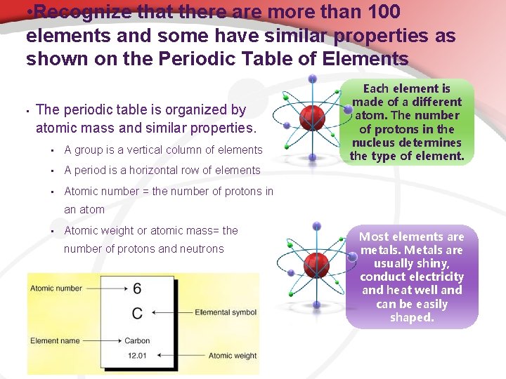  • Recognize that there are more than 100 elements and some have similar