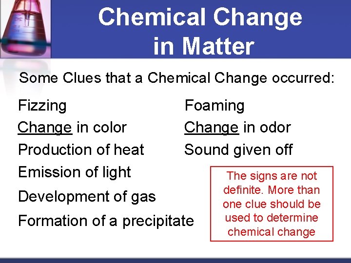 Chemical Change in Matter Some Clues that a Chemical Change occurred: Fizzing Change in