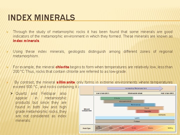 INDEX MINERALS Ø Through the study of metamorphic rocks it has been found that