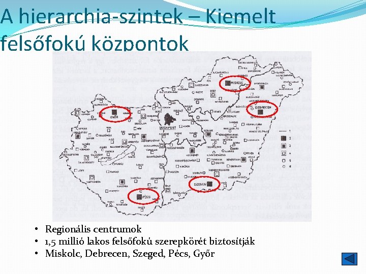 A hierarchia-szintek – Kiemelt felsőfokú központok • Regionális centrumok • 1, 5 millió lakos