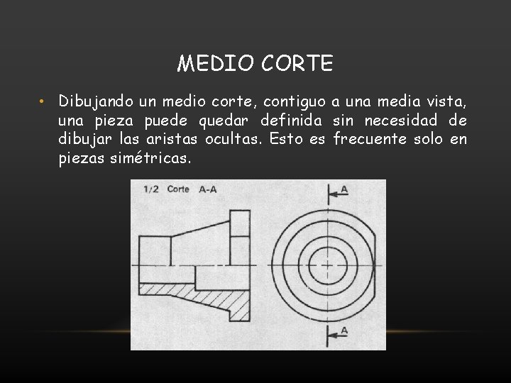 MEDIO CORTE • Dibujando un medio corte, contiguo a una media vista, una pieza