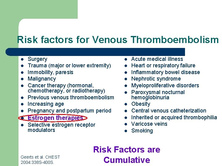 Risk factors for Venous Thromboembolism l l Surgery Trauma (major or lower extremity) Immobility, Risk factors for Venous Thromboembolism l l Surgery Trauma (major or lower extremity) Immobility,