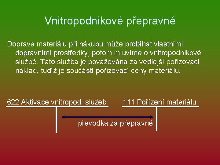 Vnitropodnikové přepravné Doprava materiálu při nákupu může probíhat vlastními dopravními prostředky, potom mluvíme o