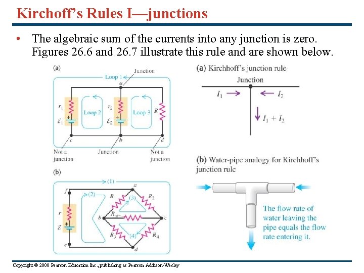 Kirchoff’s Rules I—junctions • The algebraic sum of the currents into any junction is