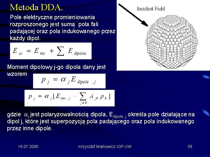 Metoda DDA. Pole elektryczne promieniowania rozproszonego jest sumą pola fali padającej oraz pola indukowanego