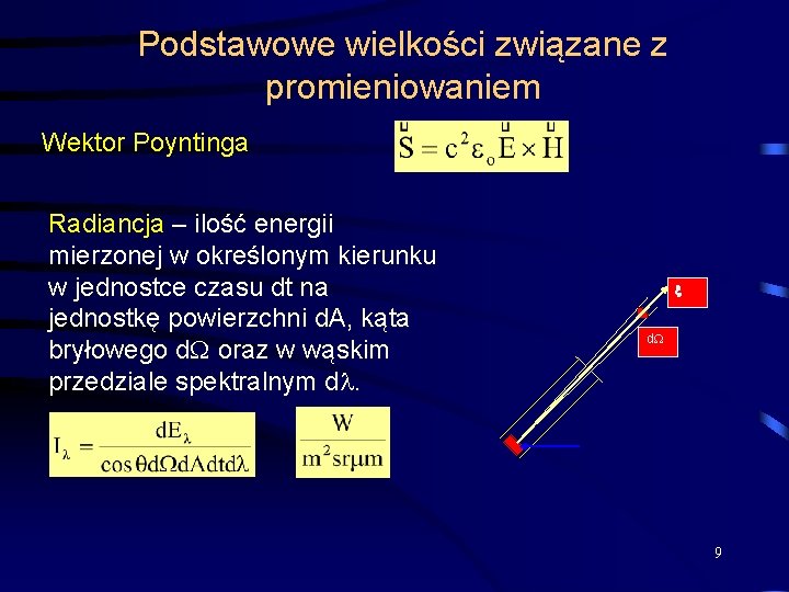 Podstawowe wielkości związane z promieniowaniem Wektor Poyntinga Radiancja – ilość energii mierzonej w określonym